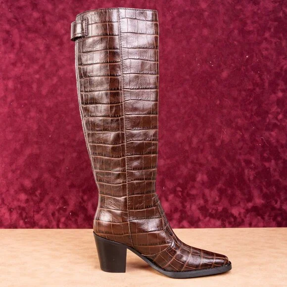 Ganni Women Croc Print Brown Leather Western Tall Fashion Boots sz 7.5US EUR38 - Picture 10 of 10